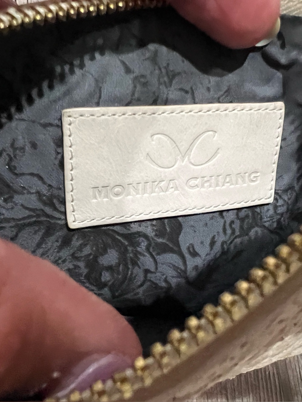 Monika Chiang Embossed Leather Top Zip Clutch Wallet Cream Snakeskin